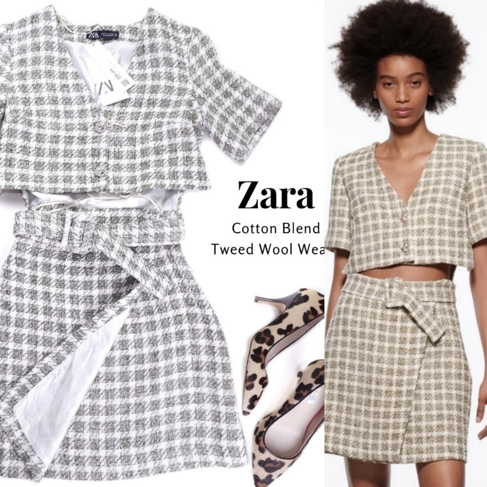 New Zara Grey White Cotton Tweed Weave Dress Size S